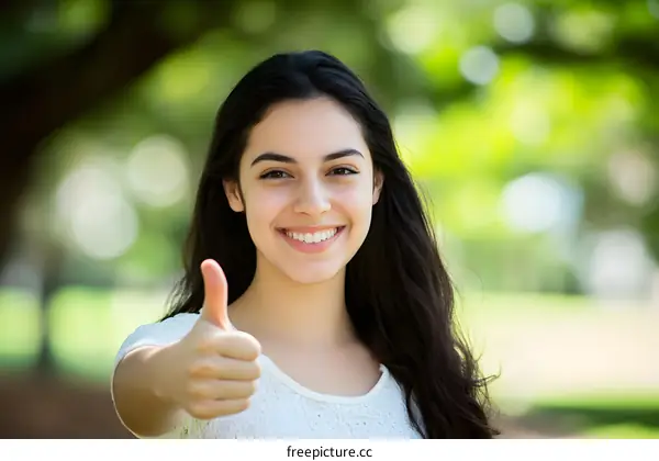 Happy Woman Thumbs Up in a Park