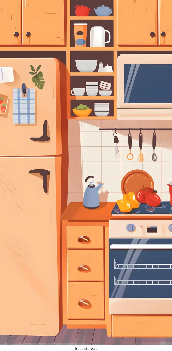 Kitchen Illustration With Cabinets, Fridge, Stove, And Oven