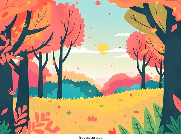 Colorful Autumn Forest Landscape Illustration