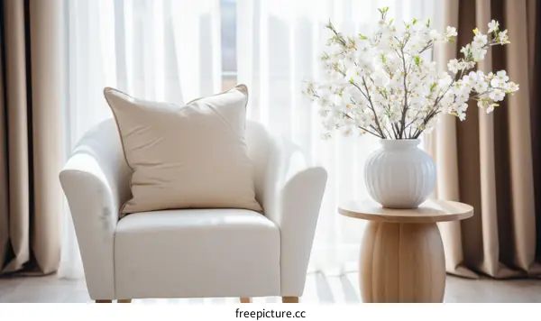Elegant living room interior with white armchair and vase of cherry blossoms