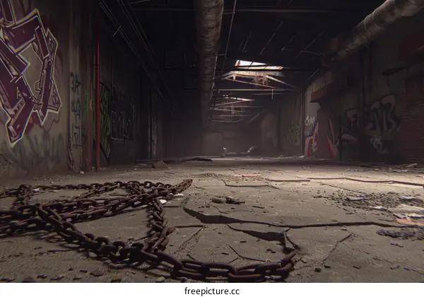 Grungy Underground Tunnel with Graffiti and Chain