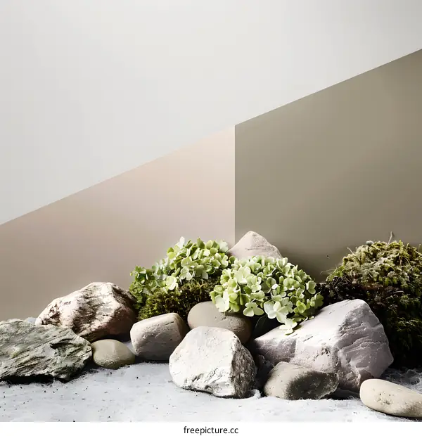 Green Plants and Rocks on Beige and Brown Background