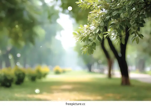 Blurred park scene with vibrant greenery