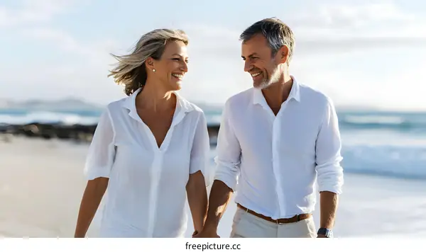 Couple Walking on the Beach Holding Hands and Smiling