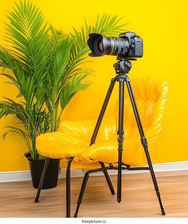 Camera on Tripod in Yellow Chair
