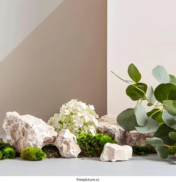 Minimalist Nature Scene with White Flowers, Moss, and Stones