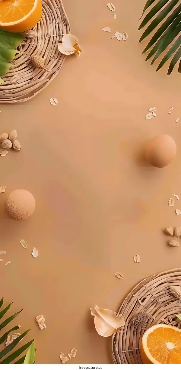 Minimalist Flat Lay with Orange, Palm Leaf and Oats on Brown Background