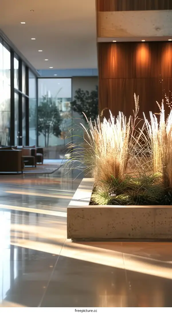 Ornamental grass in a planter in a modern office lobby