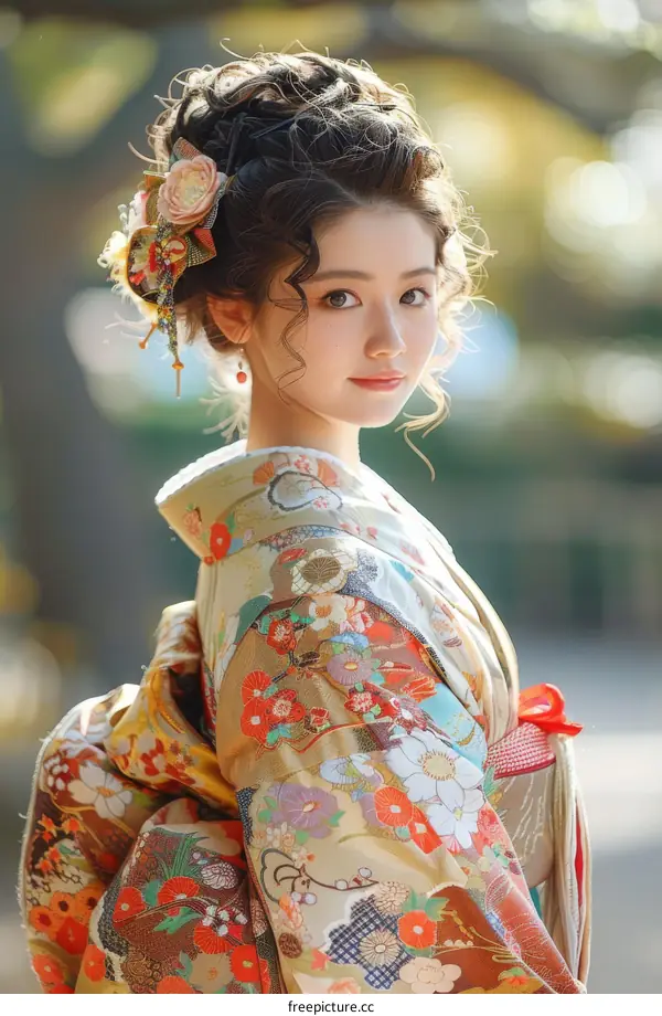 Beautiful Japanese Woman Wearing Traditional Kimono