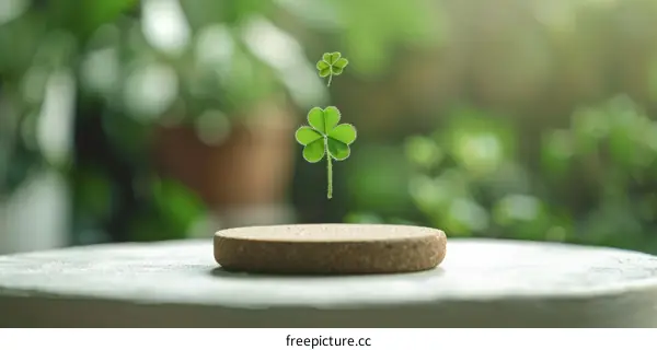 Four-Leaf Clovers Floating above a Table against a Green Forest Backdrop
