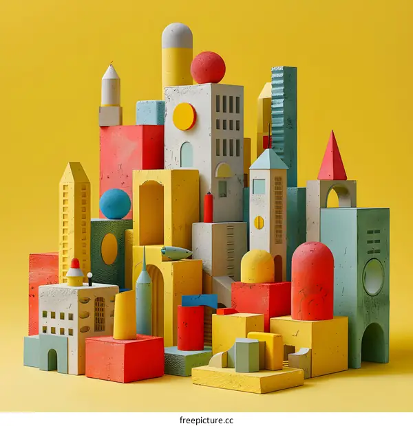 A colorful 3D illustration of a cityscape with geometric shapes