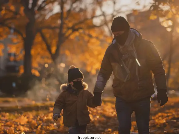 Father and son in the park wearing masks