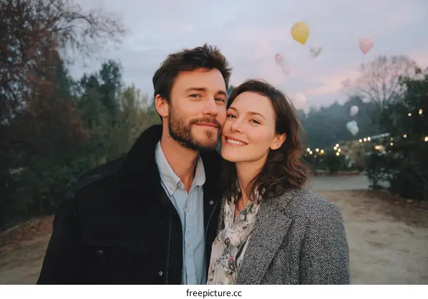 Couple Posing Outdoors with Hot Air Balloons in the Background