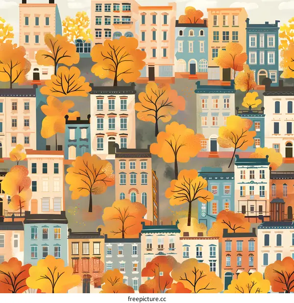Autumn in the City, Colorful Buildings and Trees