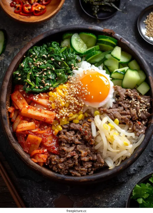 Bibimbap: A Traditional Korean Dish with Beef, Egg, and Vegetables