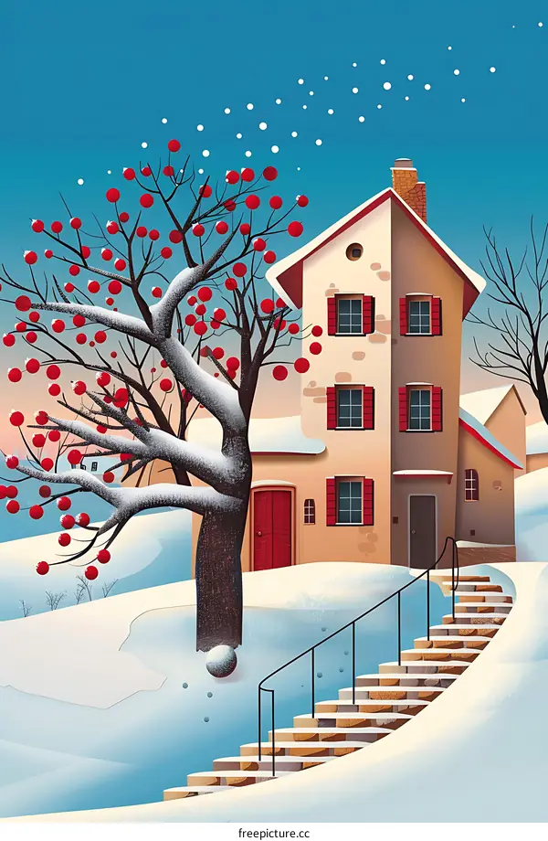 Winter Landscape Illustration with Snow Covered House and Red Berry Tree