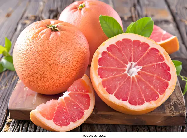 Fresh Ripe Grapefruit Slices On Wooden Background
