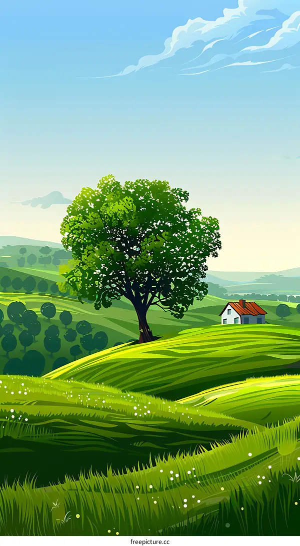 Green Meadow Landscape With Single Tree And Small House