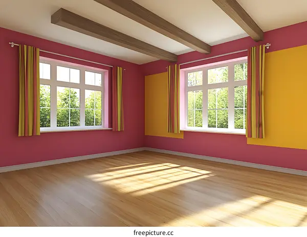 Empty Room with Wooden Beams and Windows