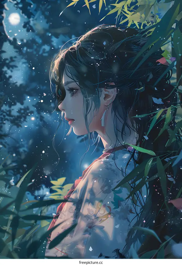 A digital painting of a beautiful Asian woman in a kimono standing in a bamboo forest.