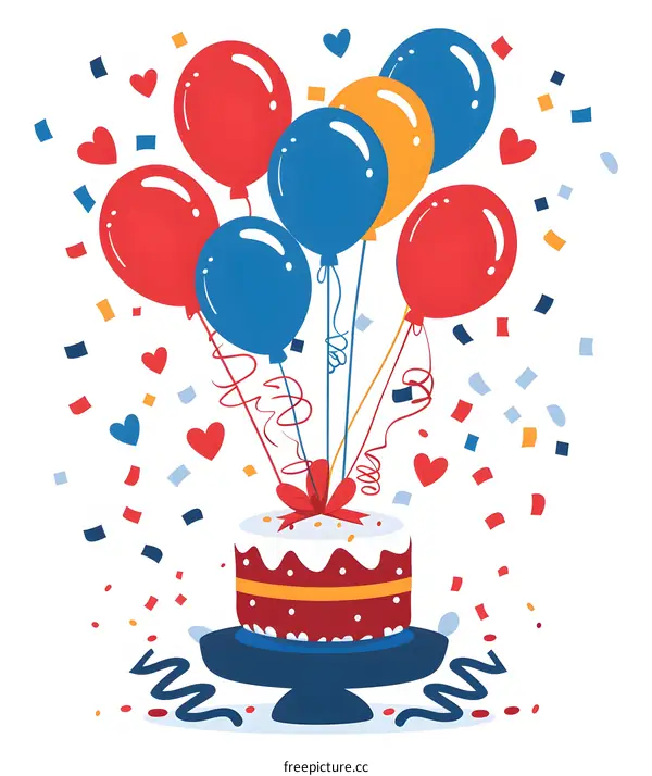 Birthday Cake with Balloons and Confetti Illustration