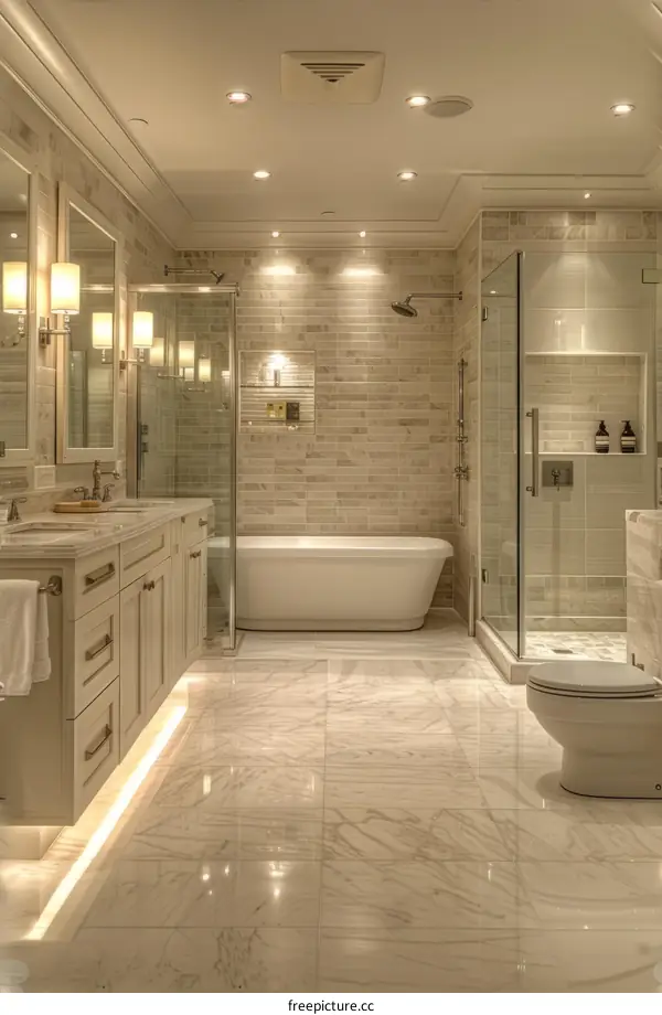 Modern bathroom interior with marble tiles and glass shower enclosure