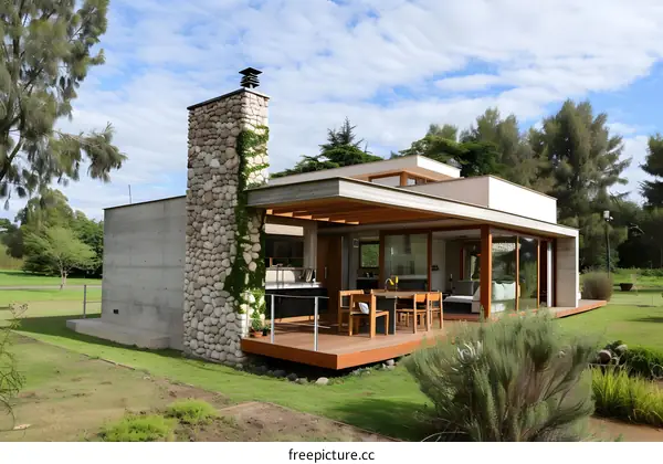 Modern House with Stone Chimney and Wooden Deck