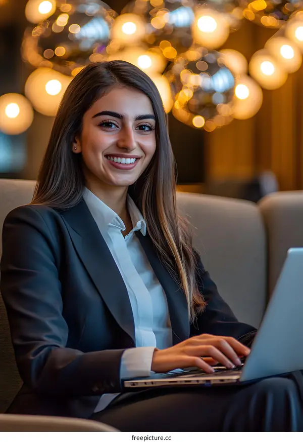 Smiling Businesswoman Working on Laptop in Modern Office