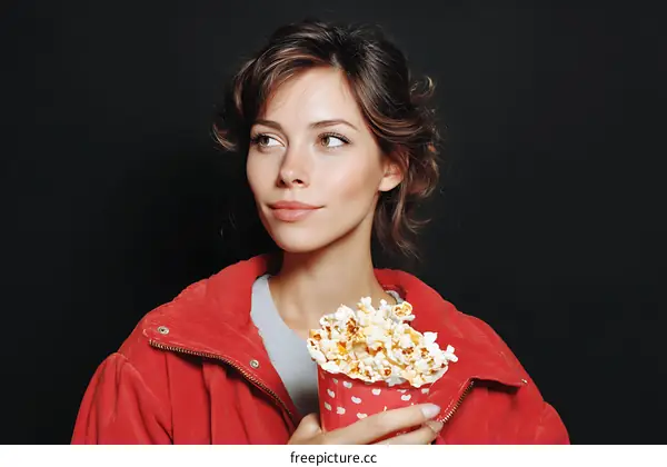 Woman Holding Popcorn in a Red Jacket