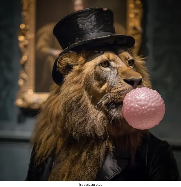 Lion Wearing a Top Hat and Blowing Bubblegum