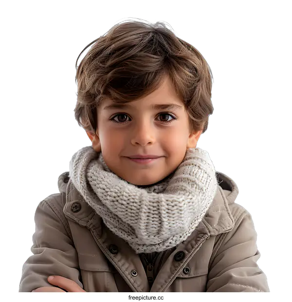[Transparent Background PNG]Portrait of a Young Boy Wearing a Knit Scarf