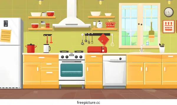 Modern Kitchen Interior Design With White Appliances And Wooden Cabinets