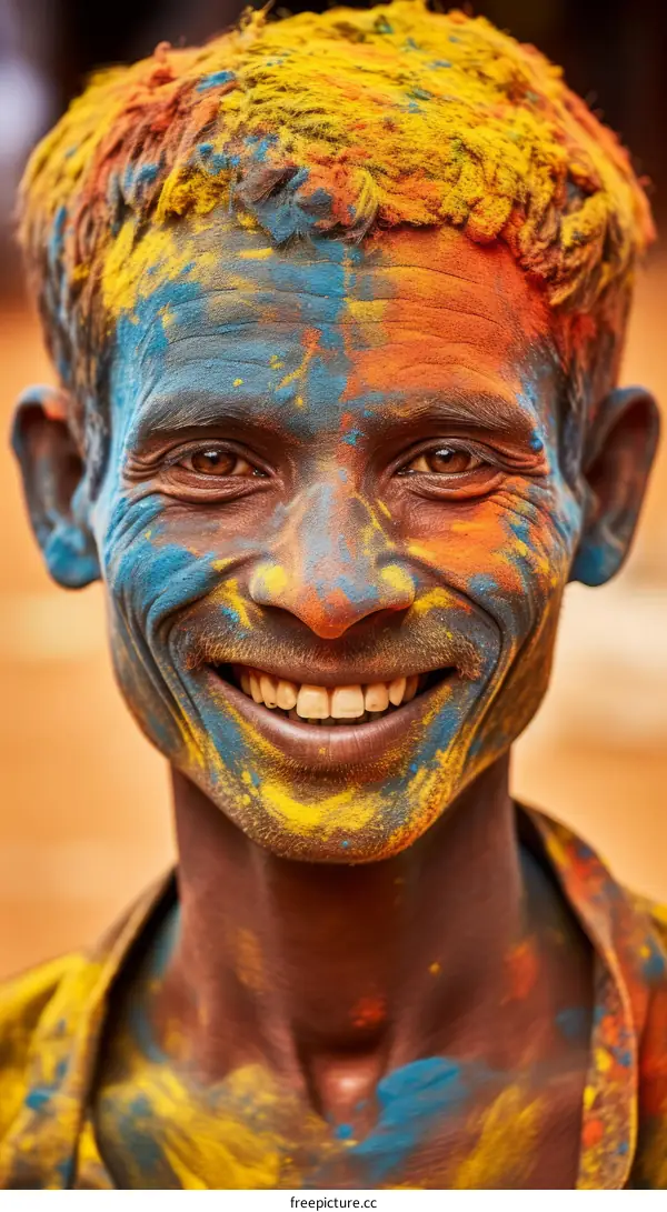 Portrait of a happy Indian man covered in colorful powder during the Holi festival