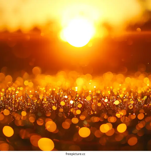 Grass Field with Morning Dew and Sunburst