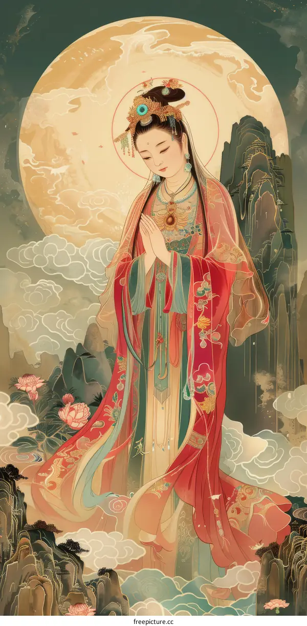 An illustration of a Chinese goddess with a moon behind her