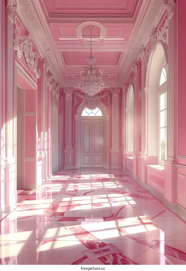 Pink Palace Hallway Interior Design With Chandelier And White Doors