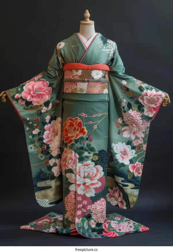 A woman wearing a green kimono with a floral pattern