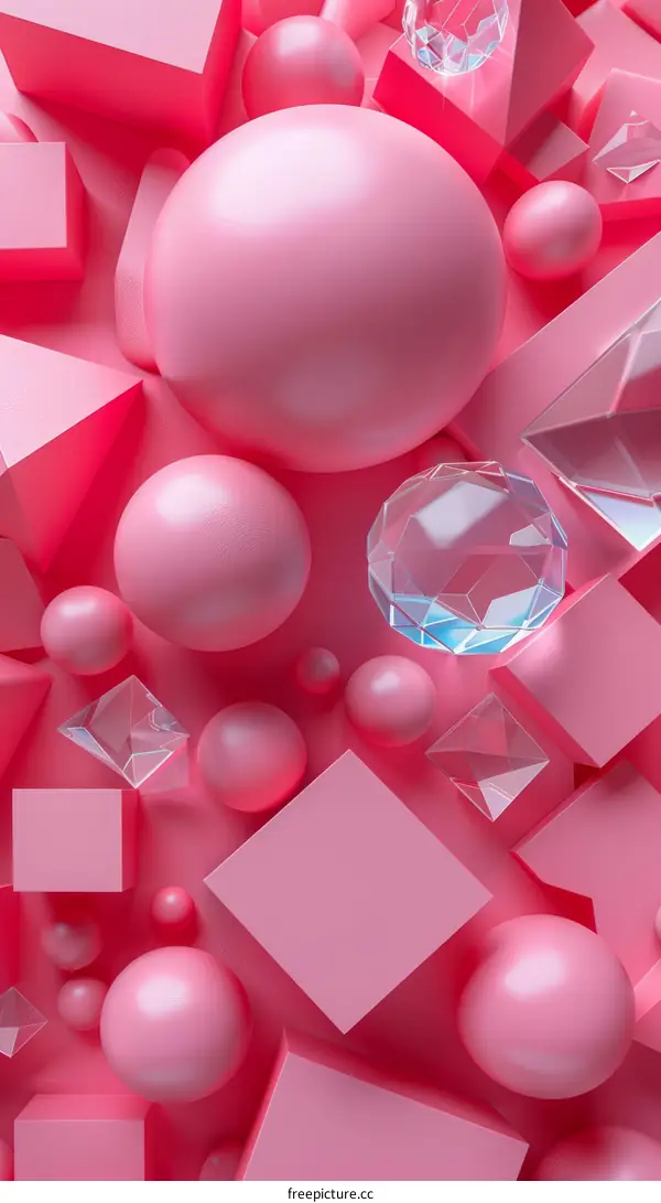 Pink pastel geometric shapes and crystal balls abstract background