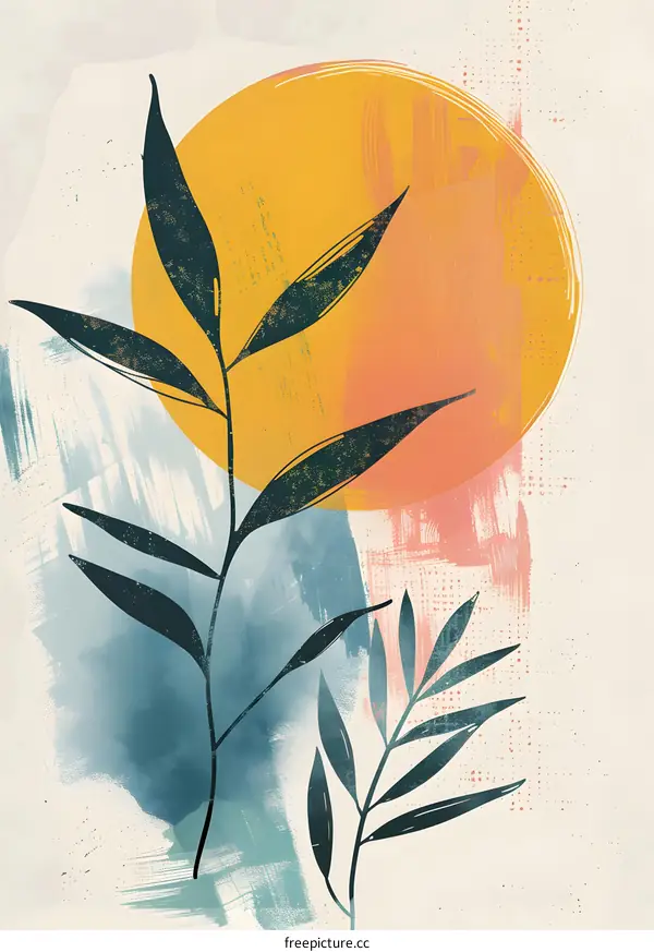 Abstract Minimalist Art Print with Leaves and Sun