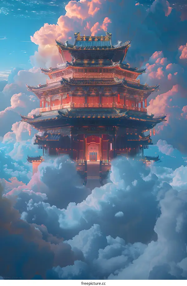 An illustration of a Chinese palace floating in the clouds