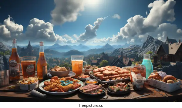 A fantasy tavern with a view of the mountains