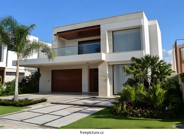Modern House with Palm Trees and Driveway