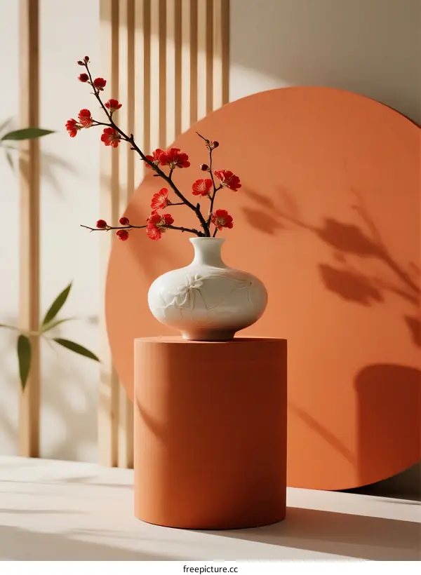 Red Plum Blossom in White Ceramic Vase on Orange Pedestal