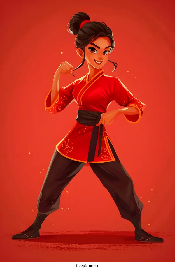 An illustration of a young woman in a red dress and black pants, with her hair in a bun, doing a kung fu pose.