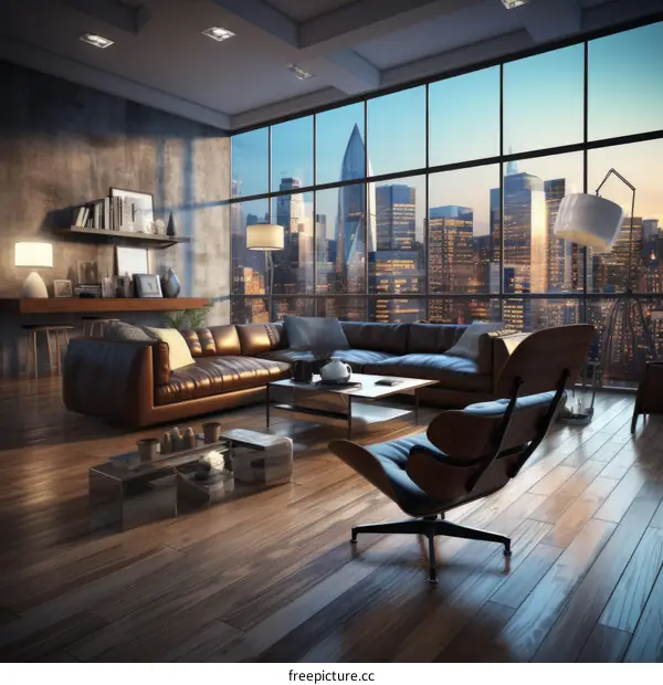Modern living room interior design with city view