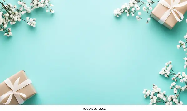 Minimalist Gift Box and White Flowers on Light Blue Background