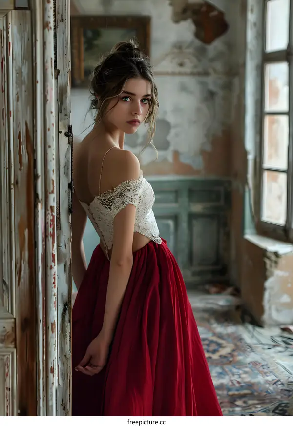 A woman in a red dress standing in a ruined room