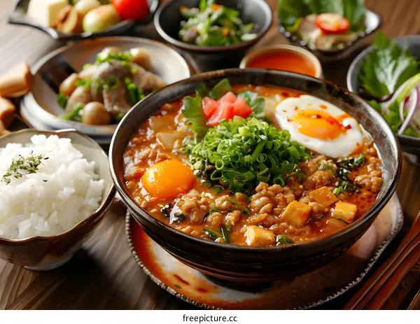 A delicious Japanese dish with rice, egg and vegetables.
