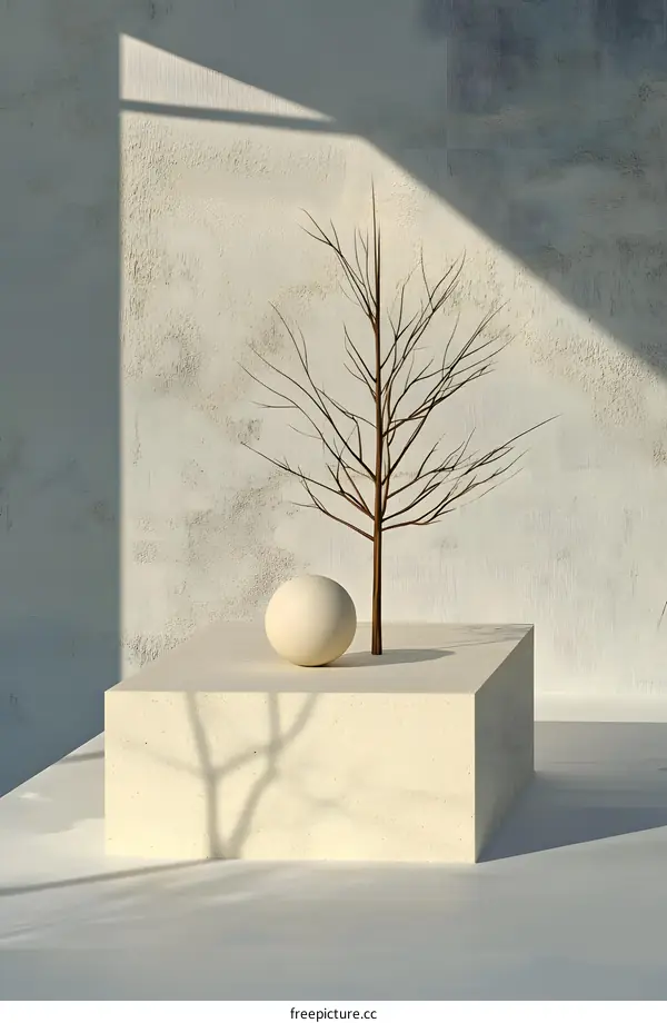 Minimalist 3D Illustration of a White Egg on a Platform with a Bare Branch Tree