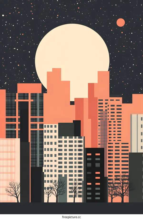 Night City Skyline with Moon and Stars